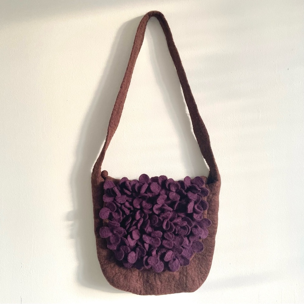 Pure Wool Felt Floral Crossbody Shoulder Bag, Plum Brown
